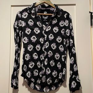 Roll-sleeve crinkle flora blouse EUC